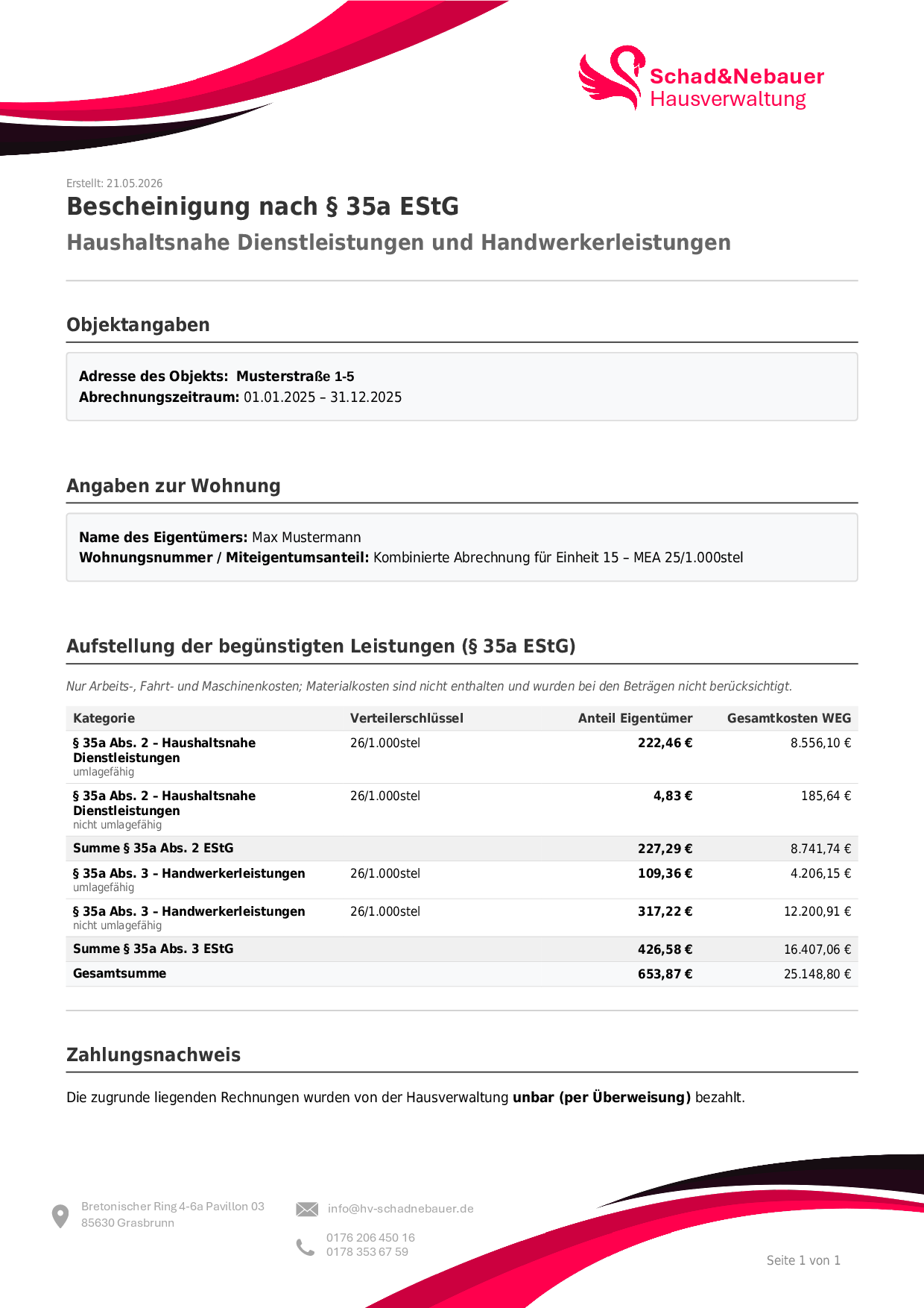 Beispiel Bescheinigung nach § 35a EStG (haushaltsnahe Dienstleistungen)